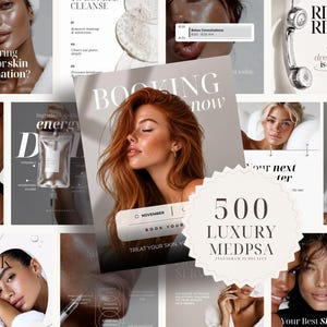 May include: A collection of 500 luxury medspa Instagram templates featuring various promotional graphics for skincare services. The designs include text overlays such as Booking Now, Ring Ring, and Your Dream Skin Is Calling, alongside imagery of individuals, medical aesthetic tools, and skincare product packaging.
