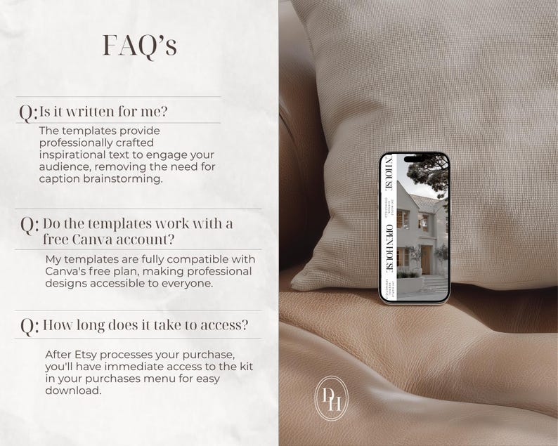 K&ouml;nnte beinhalten: Eine digitale Grafik mit FAQ-Text zu Canva-Vorlagen. Der Text behandelt Fragen zu Inhalten, Kontokompatibilit&auml;t und Zugriff. Ein Smartphone zeigt ein Bild eines offenen Hauses, platziert neben einem beigen Kissen und einer Lederoberfl&auml;che.