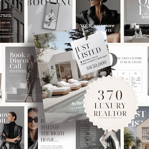 Op de afbeelding: Een collectie van 370 luxe makelaar Instagram-sjablonen met diverse vastgoedmarketingontwerpen, waaronder woningadvertenties met tekst zoals Just Listed, Beverly Hills, 4 Bed, 3 Bath, 3200 sqft en $850,000, naast professionele lifestyle-afbeeldingen.