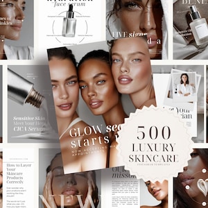 May include: A collection of 500 luxury skincare Instagram templates featuring various layouts with portraits of individuals, product photography of serum bottles, and text overlays including phrases like Glow starts here and 500 Luxury Skincare.