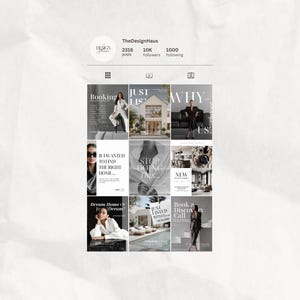 K&ouml;nnte beinhalten: Ein digitaler Screenshot einer Instagram-Profilseite f&uuml;r TheDesignHaus, der ein Raster aus neun quadratischen Beitr&auml;gen mit Fotografien von Innenarchitektur, Immobilien und Lifestyle-Bildern mit &uuml;berlagertem wei&szlig;em Text zeigt.