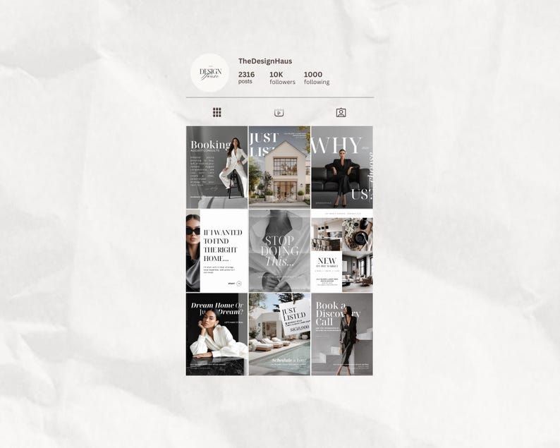 K&ouml;nnte beinhalten: Ein digitaler Screenshot einer Instagram-Profilseite f&uuml;r TheDesignHaus, der ein Raster aus neun quadratischen Beitr&auml;gen mit Fotografien von Innenarchitektur, Immobilien und Lifestyle-Bildern mit &uuml;berlagertem wei&szlig;em Text zeigt.