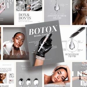 Puede incluir: Un collage de imágenes relacionadas con procedimientos cosméticos. La imagen central muestra una mano con un guante negro sosteniendo una jeringa, con la palabra "BOTOX" en un lugar destacado. Otras imágenes muestran primeros planos faciales y texto sobre rellenos y arrugas.