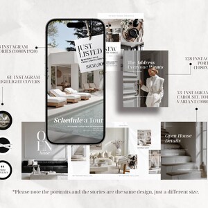 K&ouml;nnte beinhalten: Ein digitales Marketing-Vorlagenset f&uuml;r Immobilien mit einem Smartphone, das einen Just Listed-Beitrag anzeigt, sowie verschiedenen Instagram-Story-, Portrait- und Carousel-Layouts mit Text&uuml;berlagerungen wie Schedule a Tour.