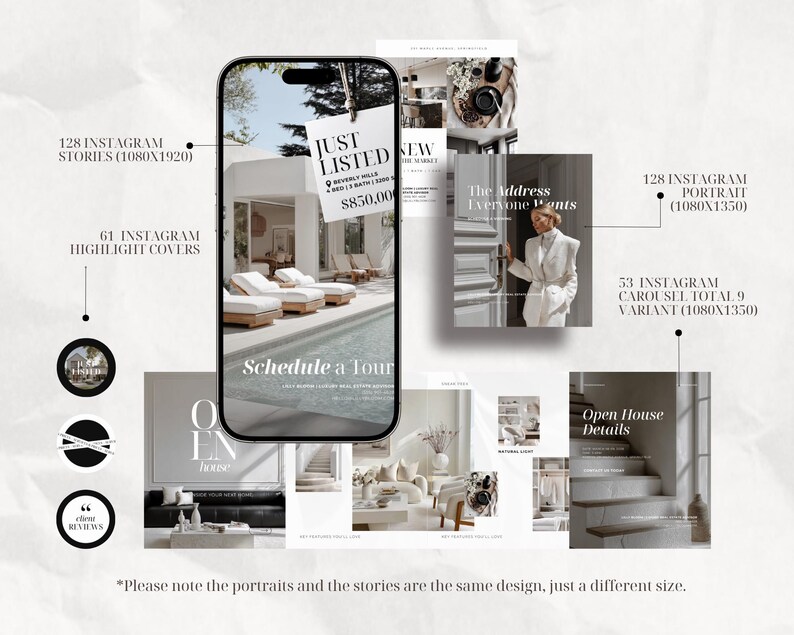 K&ouml;nnte beinhalten: Ein digitales Marketing-Vorlagenset f&uuml;r Immobilien mit einem Smartphone, das einen Just Listed-Beitrag anzeigt, sowie verschiedenen Instagram-Story-, Portrait- und Carousel-Layouts mit Text&uuml;berlagerungen wie Schedule a Tour.