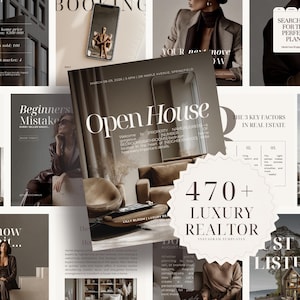 May include: A collection of 470+ luxury real estate Instagram templates featuring neutral tones, elegant typography, and interior design imagery. The layouts include text overlays such as Open House, Just Listed, and Searching for the Perfect Plan.