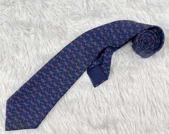 Vintage Hermès Paris 7019 TA Silk Tie Navy Blue & Red Equestrian Bit Geometric Pattern
