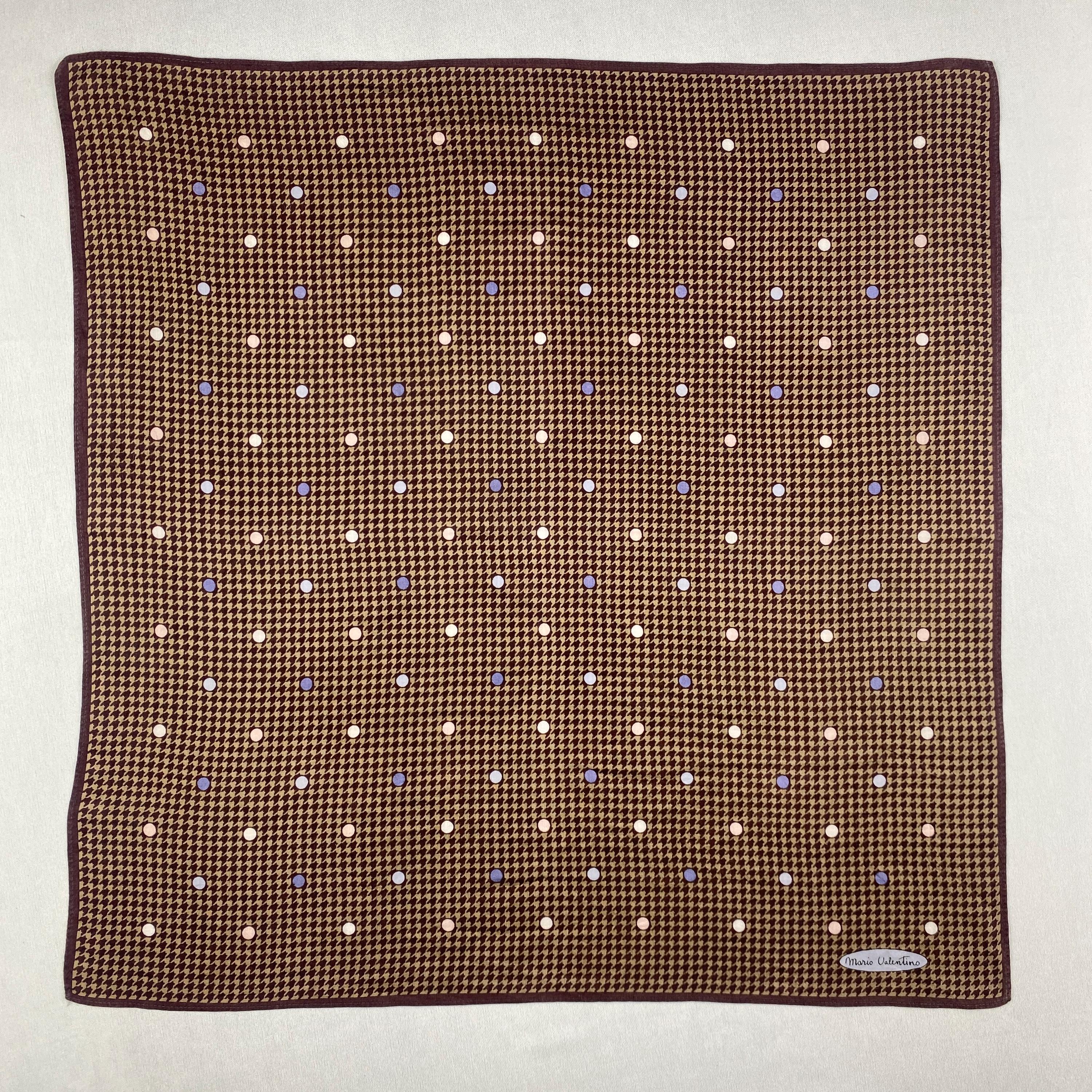 Mario Valentino Vintage Pocket Square, Brown Houndstooth Polka Dot Silk Handkerchief