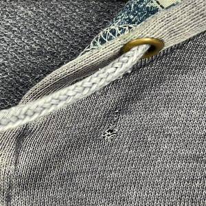 Może przedstawiać: Zbliżenie szarej bluzy z kapturem z białym sznurkiem i wzorzystą podszewką kaptura. Sznurek jest przeciągnięty przez mosiężną przelotkę. W tkaninie znajduje się małe rozdarcie.