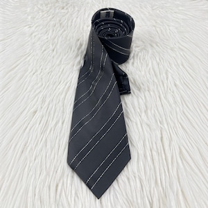 Peut inclure: Une cravate noire ornée d'un motif de fines rayures diagonales argentées. La cravate est enroulée sur le dessus, révélant une petite étiquette en tissu blanc sur la doublure intérieure. Le tissu présente une finition satinée et lisse.