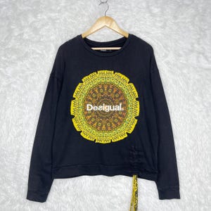 Desigual Black Mandala Sweatshirt, Boho Embroidered Pullover, Women Size M, Long Sleeve Cotton Jumper, Artistic Graphic Top with Drawstring