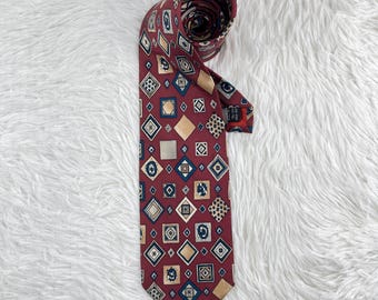 Vintage Guy Laroche Silk Tie, Burgundy Geometric Art Deco Pattern Necktie
