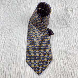 Vintage Korean Air Silk Tie Blue Gold Equestrian Snaffle Bit Chain Uniform Necktie