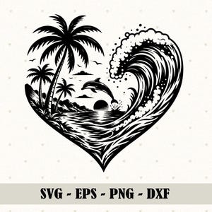 May include: Black and white heart-shaped graphic featuring a tropical beach scene. Palm trees, a dolphin leaping from the ocean, and a large wave are depicted. The text "SVG - EPS - PNG - DXF" is at the bottom.