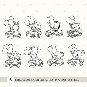 May include: Black and white line art of eight different animals, including a rabbit, lion, zebra, fox, monkey, giraffe, elephant, and koala, each driving a jeep and holding balloons. The text "8 BALLOON ANIMALS RIDE SVG - EPS - PNG - DXF CUT FILES" is at the bottom.