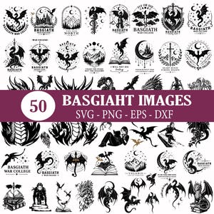 Op de afbeelding: Een verzameling van 50 zwart-wit digitale illustraties met draken, zwaarden, boeken, bergen en hemelse elementen. De tekst "50 BASGIAHT IMAGES SVG - PNG - EPS - DXF" staat op een centrale paarse horizontale banner weergegeven.
