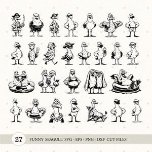 Può includere: Una collezione di 27 illustrazioni di gabbiani dei cartoni animati in bianco e nero, in varie pose e abiti. Alcuni gabbiani indossano occhiali da sole, cappelli o abiti da pirata. Il testo in basso recita "FUNNY SEAGULL SVG - EPS - PNG - DXF CUT FILES".