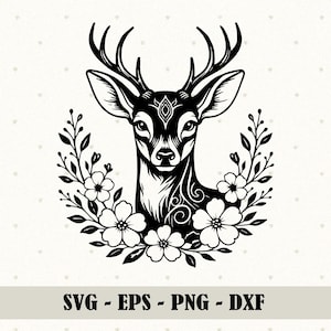 May include: Black and white illustration of a deer's head with large antlers, surrounded by a floral wreath. The image includes the text "SVG - EPS - PNG - DXF".