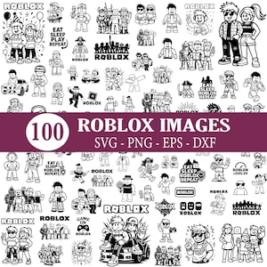 Op de afbeelding: Een verzameling van 100 zwart-wit digitale illustraties met Roblox-personages, logo's en de tekst EAT SLEEP PLAY REPEAT, 100 ROBLOX IMAGES, SVG - PNG - EPS - DXF, GAME ON ROBLOX en ROBLOX LEVEL 99 in verschillende stijlen en houdingen.