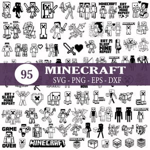 Könnte beinhalten: Eine Sammlung von 95 schwarz-weißen digitalen Designs zum Thema Minecraft. Das Bild enthält verschiedene Charaktere, Logos und Sätze wie "Eat Sleep Mine Repeat" und "Game Over". Die Designs sind in den Formaten SVG, PNG, EPS und DXF verfügbar.