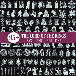 Könnte beinhalten: Eine Sammlung weißer Vektor-Illustrationen auf schwarzem Hintergrund mit Charakteren, Symbolen und Szenen aus Der Herr der Ringe. Ein zentrales violettes Banner zeigt den Text 95+ THE LORD OF THE RINGS SVG - PNG - EPS - DXF.