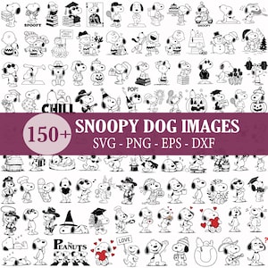 May include: A collection of over 150 black and white line art illustrations of the character Snoopy in various poses and activities, featuring a central purple banner with the white text 150+ SNOOPY DOG IMAGES SVG - PNG - EPS - DXF.