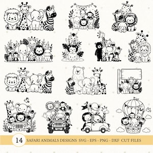 Paquete de animales de safari, lindos dibujos lineales de la jungla en formato SVG, cachorro de león, elefante, jirafa, mono, archivos para Cricut y Silhouette, safari para niños