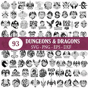 Op de afbeelding: Een verzameling van 93 zwart-wit Dungeons & Dragons-thema graphics. De ontwerpen omvatten draken, dobbelstenen, schilden en tekst zoals "Game On" en "Let's Roll". De afbeelding bevat ook de tekst "Dungeons & Dragons" en "SVG - PNG - EPS - DXF".