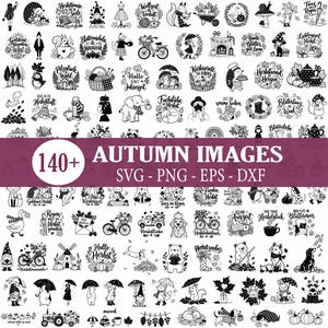 Könnte beinhalten: Eine Sammlung von über 140 schwarz-weißen digitalen Illustrationen mit Herbstmotiven, darunter Igel, Füchse, Kürbisse, Fahrräder und saisonale Schriftzüge. Das Grafikset ist mit 140+ AUTUMN IMAGES SVG - PNG - EPS - DXF beschriftet.
