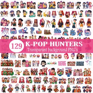 May include: A collection of 129 K-Pop Hunters PNG images with transparent backgrounds. The images feature various cartoon characters, some with Christmas themes, and include text such as "K-Pop Demon Hunters" and "Merry Christmas."