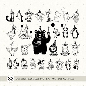 Lindo archivo SVG de sombrero de fiesta de animales, archivos de corte SVG de tigre, conejo, elefante y oso de peluche.