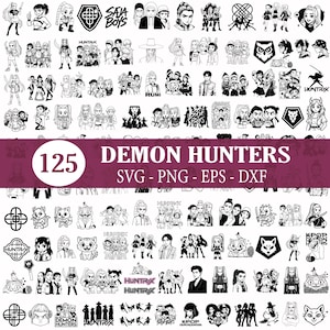 Könnte beinhalten: Eine Sammlung von 125 Schwarz-Weiß-Illustrationen mit verschiedenen Charakteren und Designs. Das Bild enthält den Text "DEMON HUNTERS" und Dateitypinformationen: SVG, PNG, EPS und DXF.