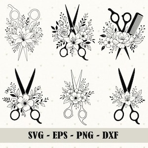 Könnte beinhalten: Eine Sammlung von sechs schwarz-weißen grafischen Illustrationen, die Friseurscheren und Kämme zeigen, welche mit verschiedenen Blumenarrangements verziert sind. Der Text SVG - EPS - PNG - DXF steht am unteren Bildrand.