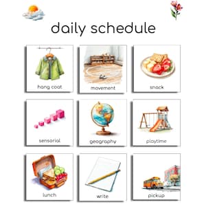 Może przedstawiać: Akwarelowa ilustracja codziennego harmonogramu z dziewięcioma kartami aktywności. Karty zawierają "hang coat", "movement", "snack", "sensorial", "geography", "playtime", "lunch", "write" i "pickup". Tytuł to "daily schedule".