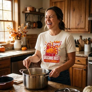 May include: A cream-colored t-shirt featuring a graphic of a turkey shaped like a kitchen timer with the text Ding! Gracious Host Hectic Human. The design uses orange, red, and yellow colors, printed on the front of the short-sleeved garment.