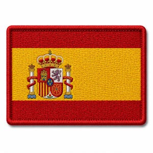 May include: A rectangular embroidered patch featuring the flag of Spain. The design consists of horizontal red and yellow stripes with the national coat of arms centered on the left side, including a crown, pillars, and the text PLVS VLTRA.