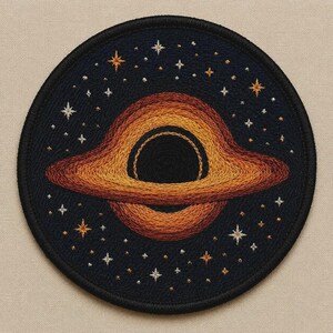 May include: A circular embroidered patch featuring a black hole surrounded by a glowing orange and red accretion disk. The background is dark navy blue, filled with small, scattered white and gold embroidered stars of varying sizes.