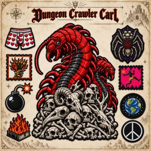 May include: A collection of Dungeon Crawler Carl themed patches featuring a large red centipede on a pile of skulls, heart-patterned boxers, a flaming book, a bomb, a spider, a running figure, a globe, and a peace sign on a parchment background.