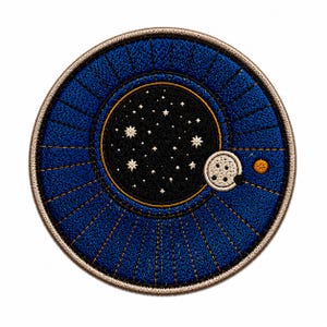 May include: A circular embroidered patch featuring a central black circle filled with white stitched stars. This is surrounded by a deep blue field with radiating lines, a small cream-colored moon with craters, and a tiny orange circular planet.