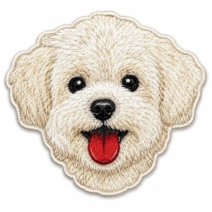 May include: An embroidered patch featuring the head of a fluffy cream-colored dog with floppy ears, dark round eyes, a black nose, and a bright red tongue sticking out. The design has a scalloped edge and detailed stitching throughout the fur.