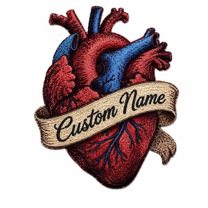 May include: An embroidered patch featuring an anatomical heart in shades of deep red and blue, wrapped in a beige ribbon banner with the black embroidered text Custom Name. The design displays intricate thread work detailing the heart's vessels.