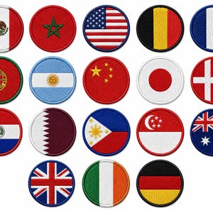 May include: A collection of seventeen circular embroidered patches featuring various national flags, including Mexico, Morocco, the United States, Belgium, France, Portugal, Argentina, China, Japan, Denmark, Paraguay, Qatar, Philippines, Singapore, Australia, the UK, Ireland, and Germany.