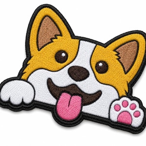 May include: An embroidered patch featuring a Corgi dog head with golden-yellow and white fur, dark brown eyes, and a black nose. The dog has its pink tongue sticking out, and its white front paws are visible at the bottom with pink paw pads.