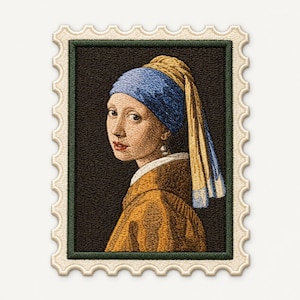May include: A rectangular embroidered patch shaped like a postage stamp with a scalloped cream border. The central design features a thread-stitched portrait of a person wearing a blue headscarf, a yellow drape, and a single white pearl earring.