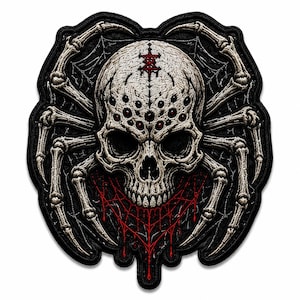May include: An embroidered patch featuring a central human skull with multiple spider eyes, surrounded by eight skeletal spider legs. The design includes a black spider web background, a red dripping web pattern at the base, and a red symbol on the forehead.