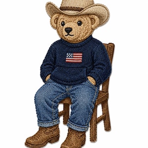 May include: An embroidered patch of a teddy bear wearing a tan cowboy hat, a navy blue knit sweater with an American flag graphic on the chest, blue denim jeans, and brown boots. The bear is sitting on a brown wooden chair with its hands in pockets.