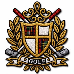 May include: An embroidered patch featuring a central shield divided into four quadrants of red, green, and yellow plaid and solid white. The shield is framed by gold laurel leaves, crossed golf clubs, and a white banner with the word GOLF.