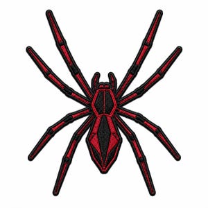 May include: An embroidered patch in the shape of a spider, featuring a geometric design with bold black and vibrant red thread. The spider has eight long, segmented legs and a central body section, all outlined with a thick black border.