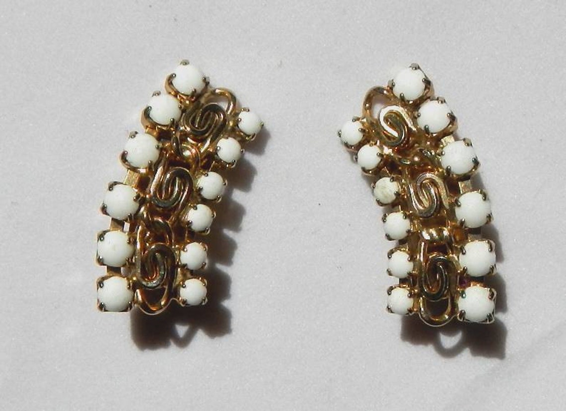 Vintage Fashion Clip on Earrings With Curved Design White and Etsy