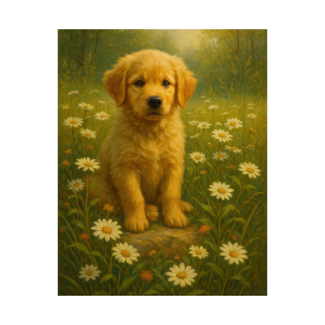 Golden Retriever Puppy Poster Matte Vertical | Daisies, Vintage ...